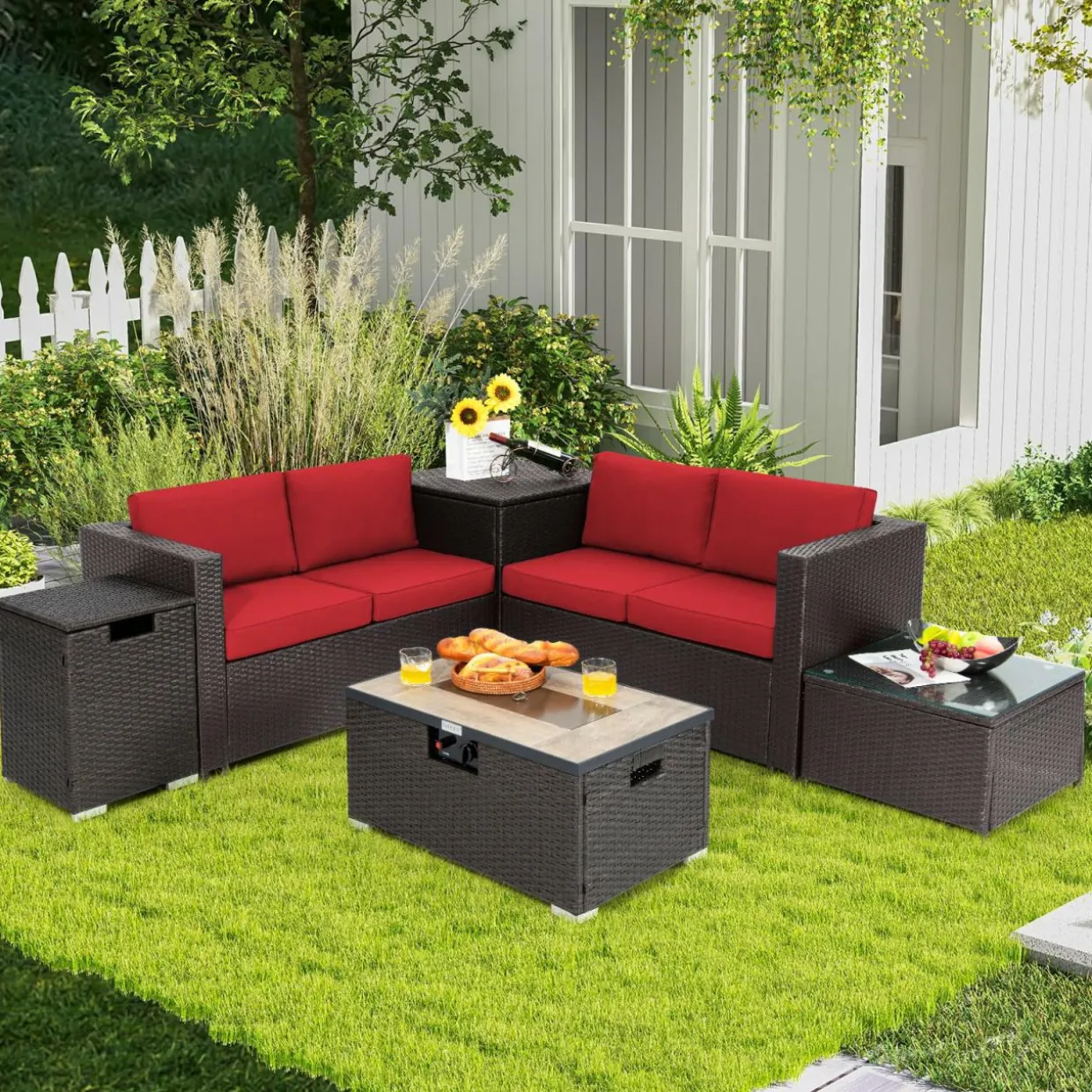 Tangkula 6 Pieces Patio Wicker Furniture Set with 32 Inches Propane Fire Pit Table and Tank Holder