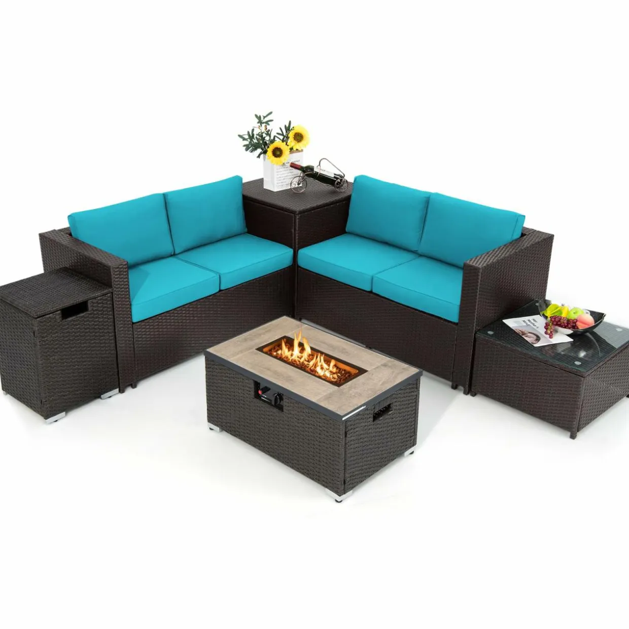 Tangkula 6 Pieces Patio Wicker Furniture Set with 32 Inches Propane Fire Pit Table and Tank Holder