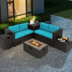 Tangkula 6 Pieces Patio Wicker Furniture Set with 32 Inches Propane Fire Pit Table and Tank Holder