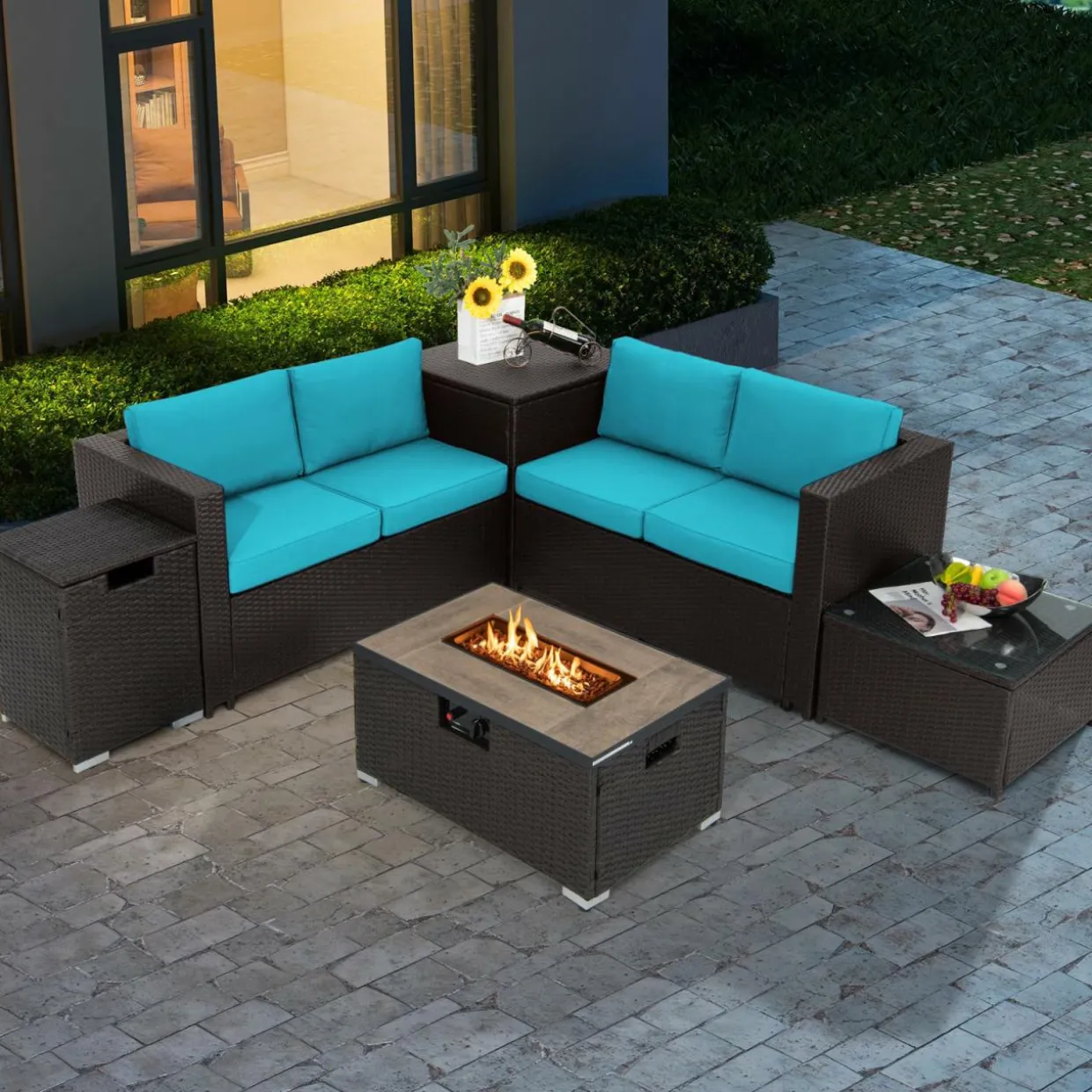 Tangkula 6 Pieces Patio Wicker Furniture Set with 32 Inches Propane Fire Pit Table and Tank Holder