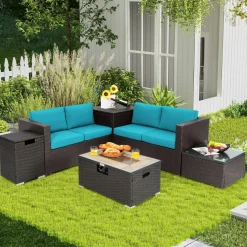 Tangkula 6 Pieces Patio Wicker Furniture Set with 32 Inches Propane Fire Pit Table and Tank Holder