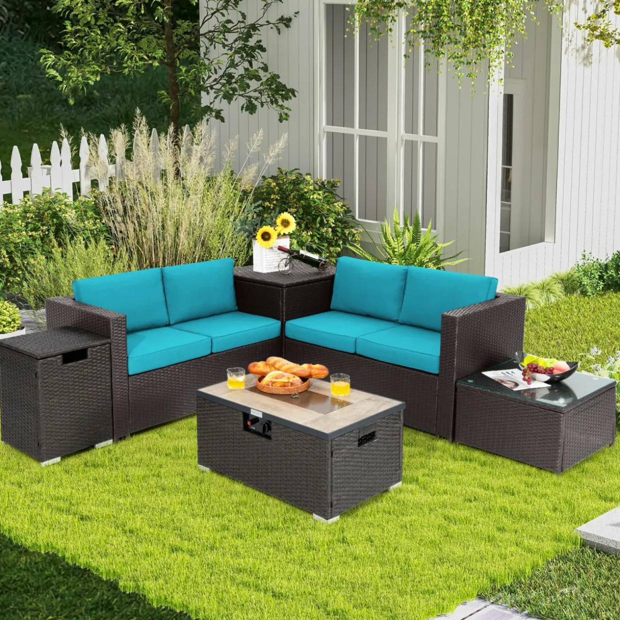 Tangkula 6 Pieces Patio Wicker Furniture Set with 32 Inches Propane Fire Pit Table and Tank Holder