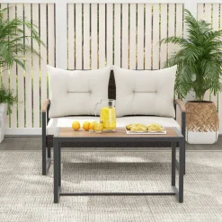 Tangkula 2 Pieces Patio Wicker Furniture Set, Heavy Duty Outdoor Cushioned Loveseat with Acacia Wood Coffee Table