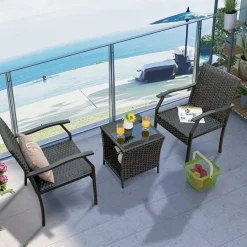 Tangkula 3 Pieces Patio Wicker Chair Set, Waterproof All Weahter Heavy Duty Outdoor Conversation Set