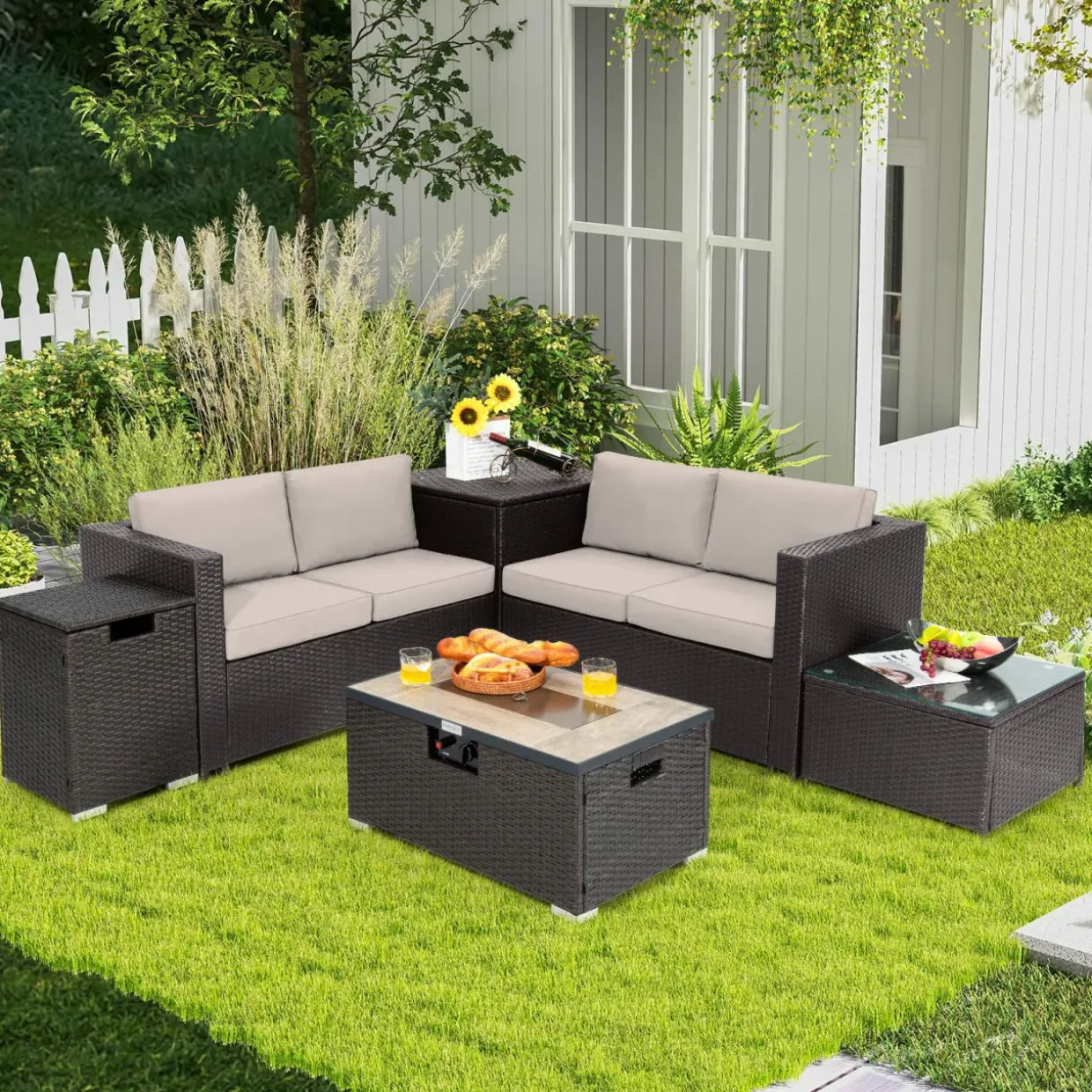 Tangkula 6 Pieces Patio Wicker Furniture Set with 32 Inches Propane Fire Pit Table and Tank Holder
