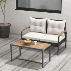 Tangkula 2 Pieces Patio Wicker Furniture Set, Heavy Duty Outdoor Cushioned Loveseat with Acacia Wood Coffee Table