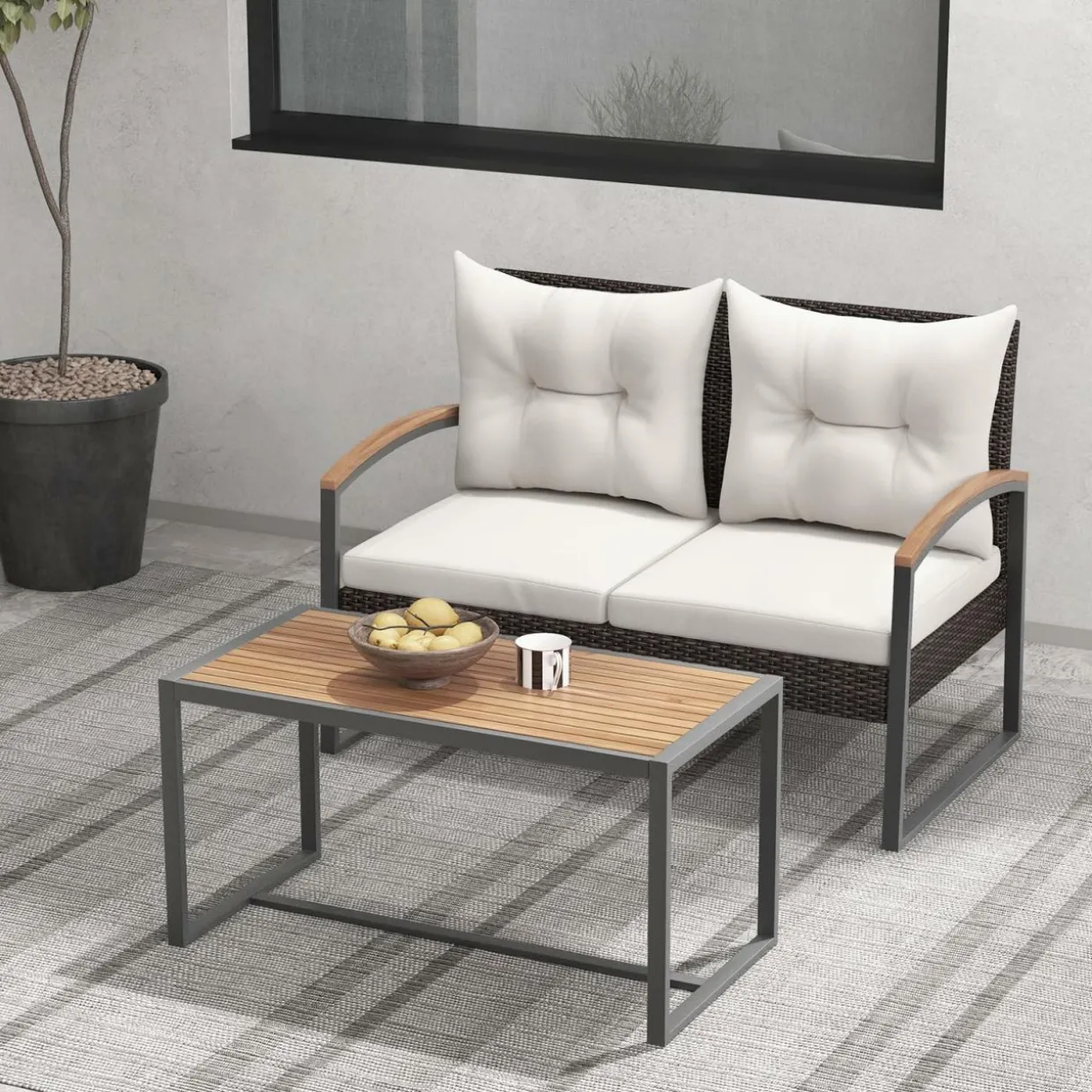 Tangkula 2 Pieces Patio Wicker Furniture Set, Heavy Duty Outdoor Cushioned Loveseat with Acacia Wood Coffee Table