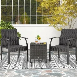 Tangkula 3 Pieces Patio Wicker Chair Set, Waterproof All Weahter Heavy Duty Outdoor Conversation Set