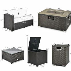 Tangkula 6 Pieces Patio Wicker Furniture Set with 32 Inches Propane Fire Pit Table and Tank Holder