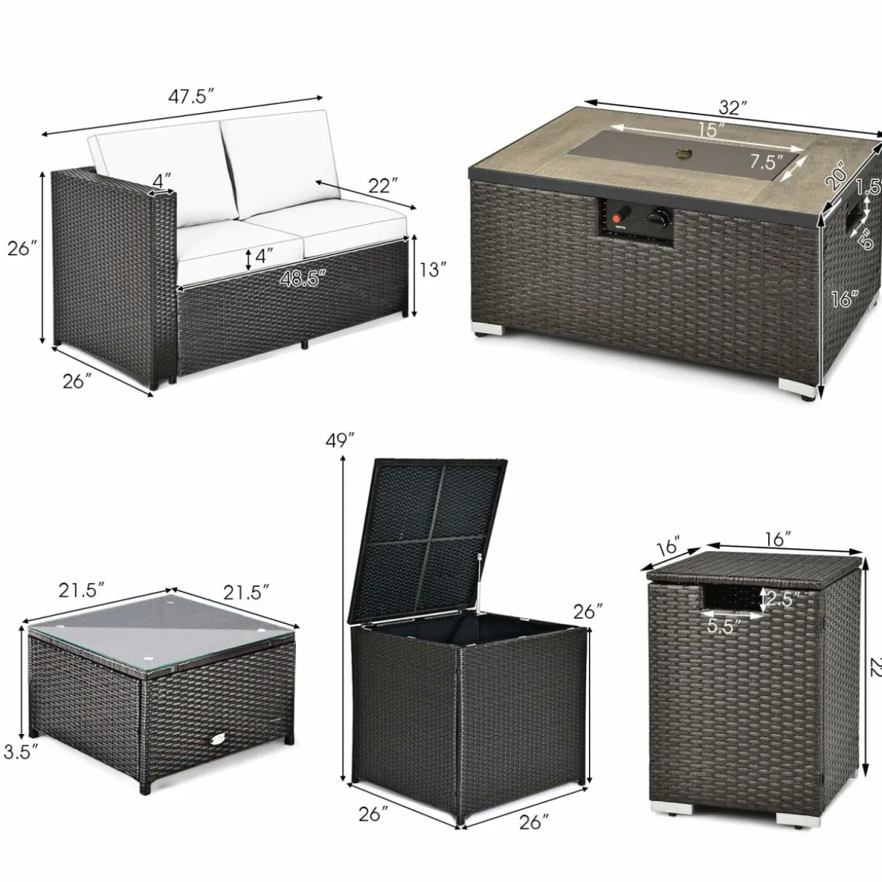 Tangkula 6 Pieces Patio Wicker Furniture Set with 32 Inches Propane Fire Pit Table and Tank Holder