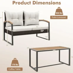 Tangkula 2 Pieces Patio Wicker Furniture Set, Heavy Duty Outdoor Cushioned Loveseat with Acacia Wood Coffee Table