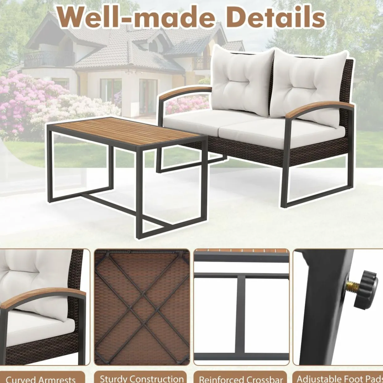 Tangkula 2 Pieces Patio Wicker Furniture Set, Heavy Duty Outdoor Cushioned Loveseat with Acacia Wood Coffee Table