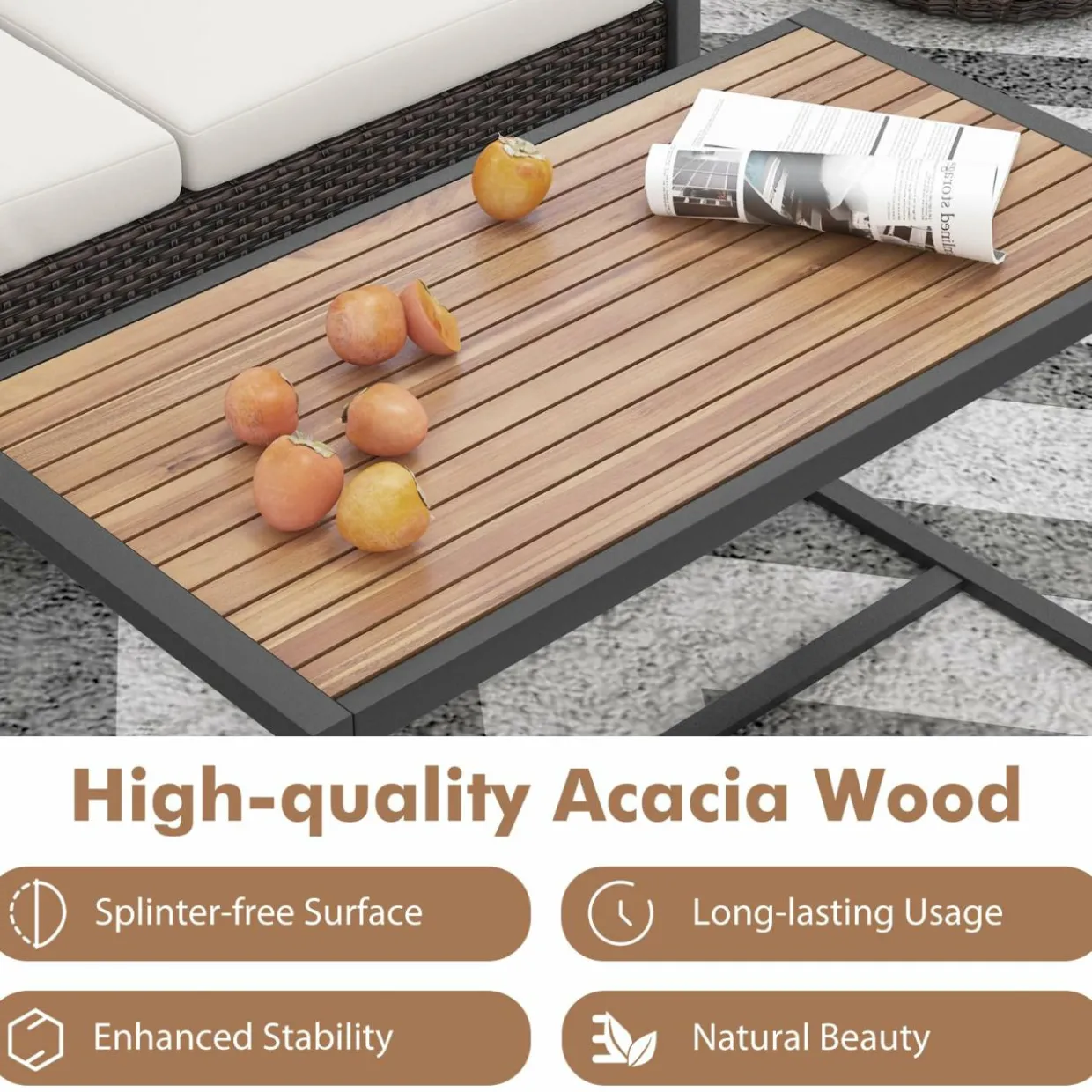 Tangkula 2 Pieces Patio Wicker Furniture Set, Heavy Duty Outdoor Cushioned Loveseat with Acacia Wood Coffee Table