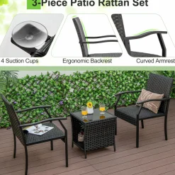 Tangkula 3 Pieces Patio Wicker Chair Set, Waterproof All Weahter Heavy Duty Outdoor Conversation Set