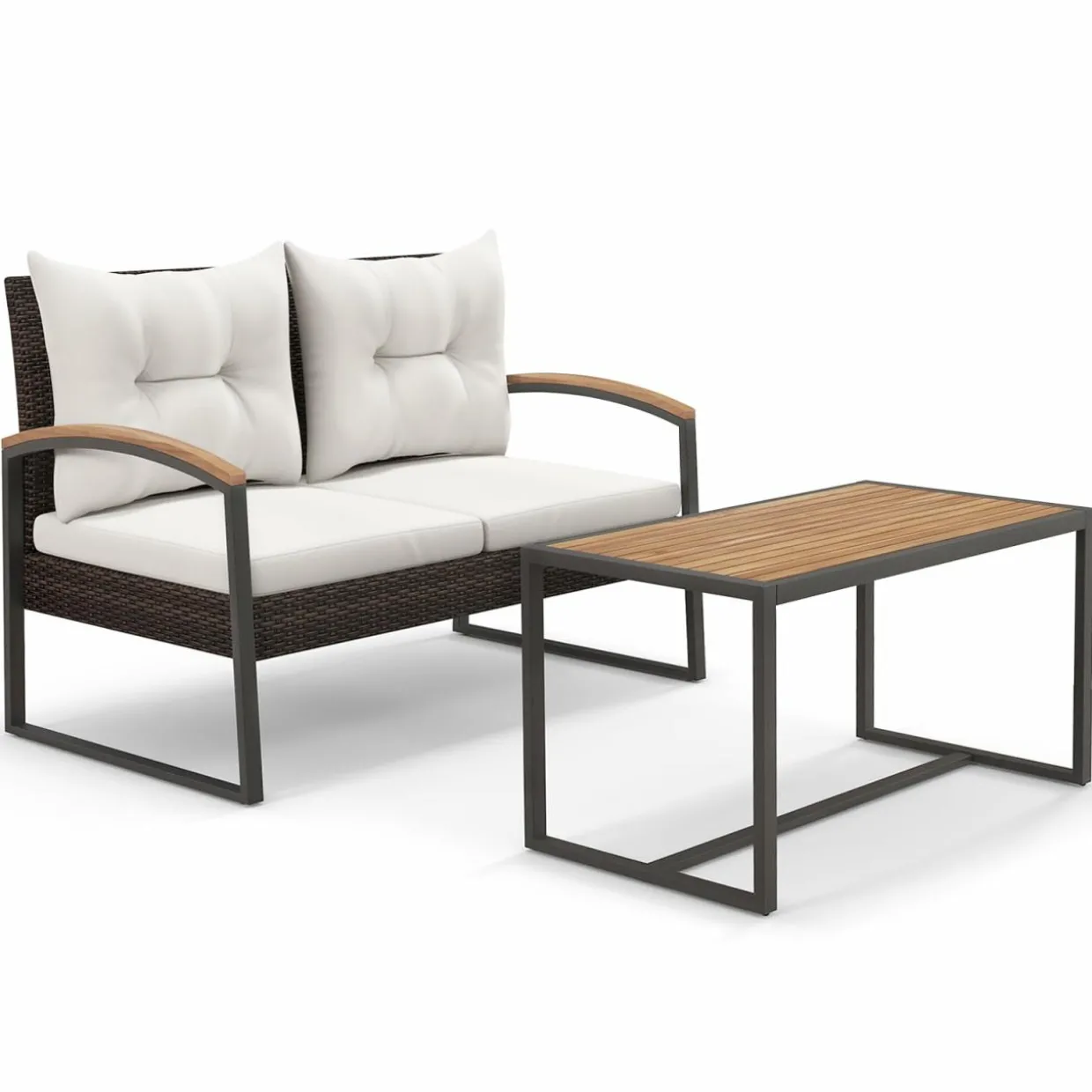 Tangkula 2 Pieces Patio Wicker Furniture Set, Heavy Duty Outdoor Cushioned Loveseat with Acacia Wood Coffee Table
