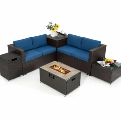 Tangkula 6 Pieces Patio Wicker Furniture Set with 32 Inches Propane Fire Pit Table and Tank Holder