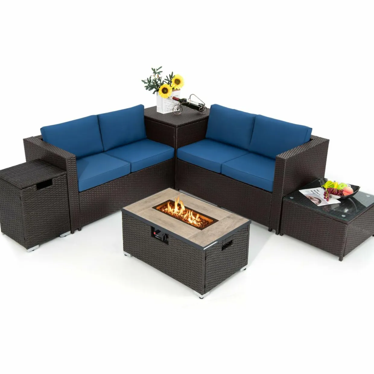 Tangkula 6 Pieces Patio Wicker Furniture Set with 32 Inches Propane Fire Pit Table and Tank Holder