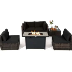 Tangkula 6 Pieces PE Rattan Wicker Sectional Sofa with 42" 60,000 BTU Gas Fire Pit Table