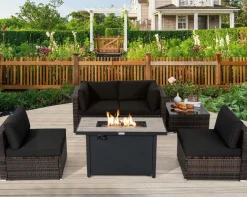 Tangkula 6 Pieces PE Rattan Wicker Sectional Sofa with 42" 60,000 BTU Gas Fire Pit Table