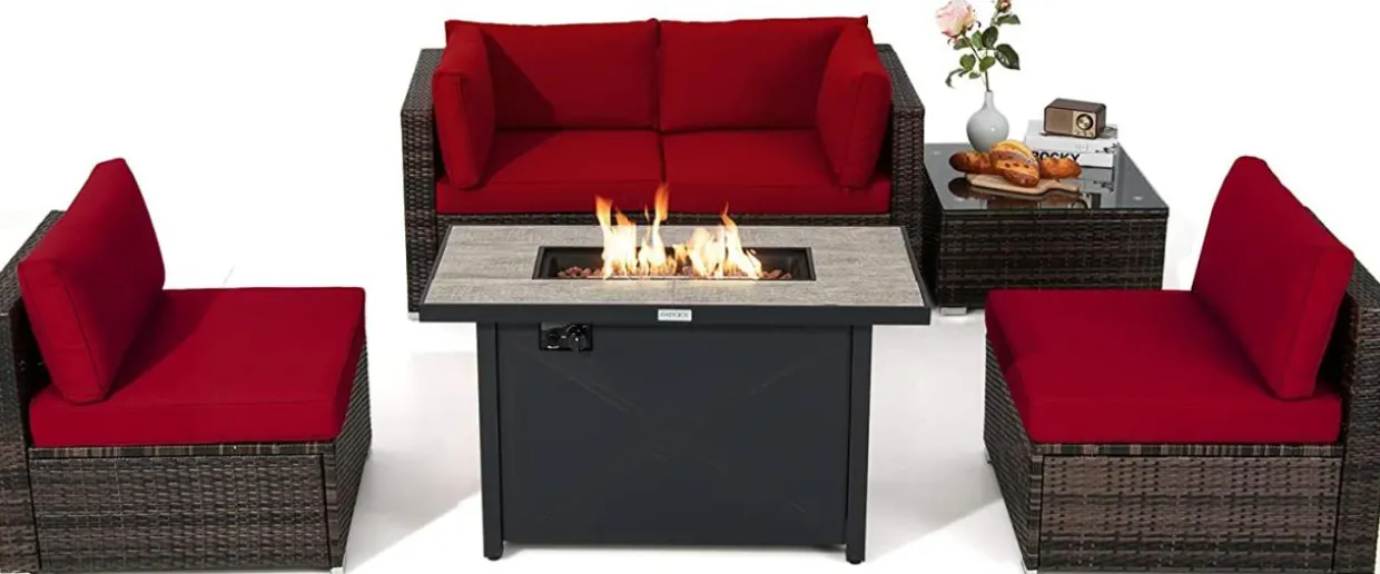 Tangkula 6 Pieces PE Rattan Wicker Sectional Sofa with 42" 60,000 BTU Gas Fire Pit Table