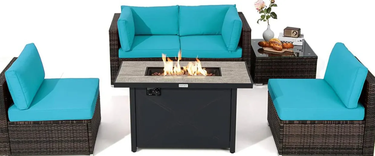 Tangkula 6 Pieces PE Rattan Wicker Sectional Sofa with 42" 60,000 BTU Gas Fire Pit Table