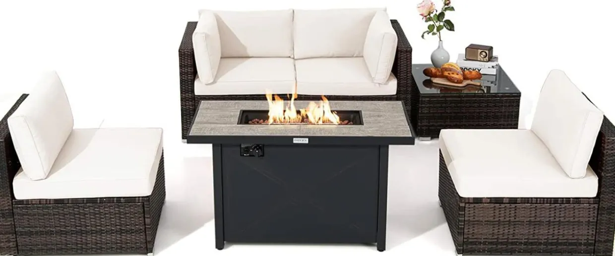 Tangkula 6 Pieces PE Rattan Wicker Sectional Sofa with 42" 60,000 BTU Gas Fire Pit Table