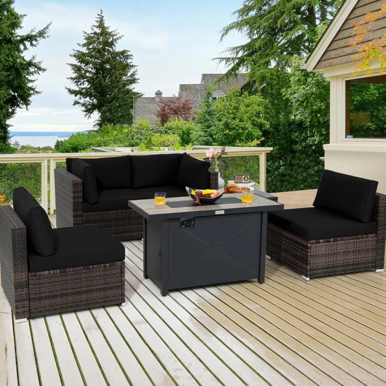 Tangkula 6 Pieces PE Rattan Wicker Sectional Sofa with 42" 60,000 BTU Gas Fire Pit Table