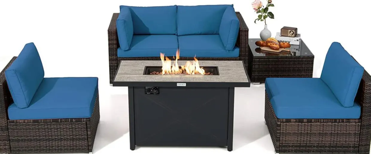 Tangkula 6 Pieces PE Rattan Wicker Sectional Sofa with 42" 60,000 BTU Gas Fire Pit Table