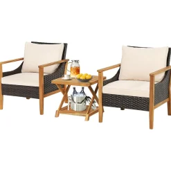 Tangkula 3 Pieces PE Wicker Patio Bistro Set, Outdoor Acacia Wood Conversation Set with Cushions and 2-Tier Coffee Table