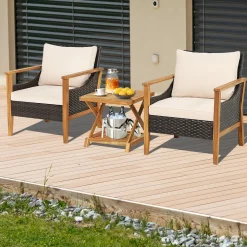 Tangkula 3 Pieces PE Wicker Patio Bistro Set, Outdoor Acacia Wood Conversation Set with Cushions and 2-Tier Coffee Table