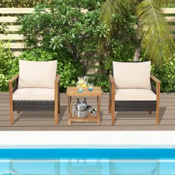 Tangkula 3 Pieces PE Wicker Patio Bistro Set, Outdoor Acacia Wood Conversation Set with Cushions and 2-Tier Coffee Table