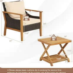 Tangkula 3 Pieces PE Wicker Patio Bistro Set, Outdoor Acacia Wood Conversation Set with Cushions and 2-Tier Coffee Table