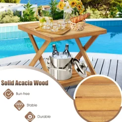 Tangkula 3 Pieces PE Wicker Patio Bistro Set, Outdoor Acacia Wood Conversation Set with Cushions and 2-Tier Coffee Table