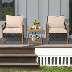 Tangkula 3 Pieces PE Wicker Patio Bistro Set, Outdoor Acacia Wood Conversation Set with Cushions and 2-Tier Coffee Table