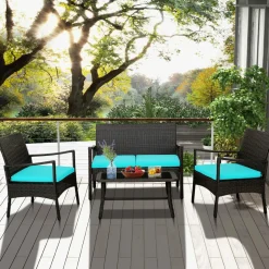 Tangkula 4 Pieces Rattan Conversation Set, Patio Sofa Couch Set with Tempered Glass Coffee Table