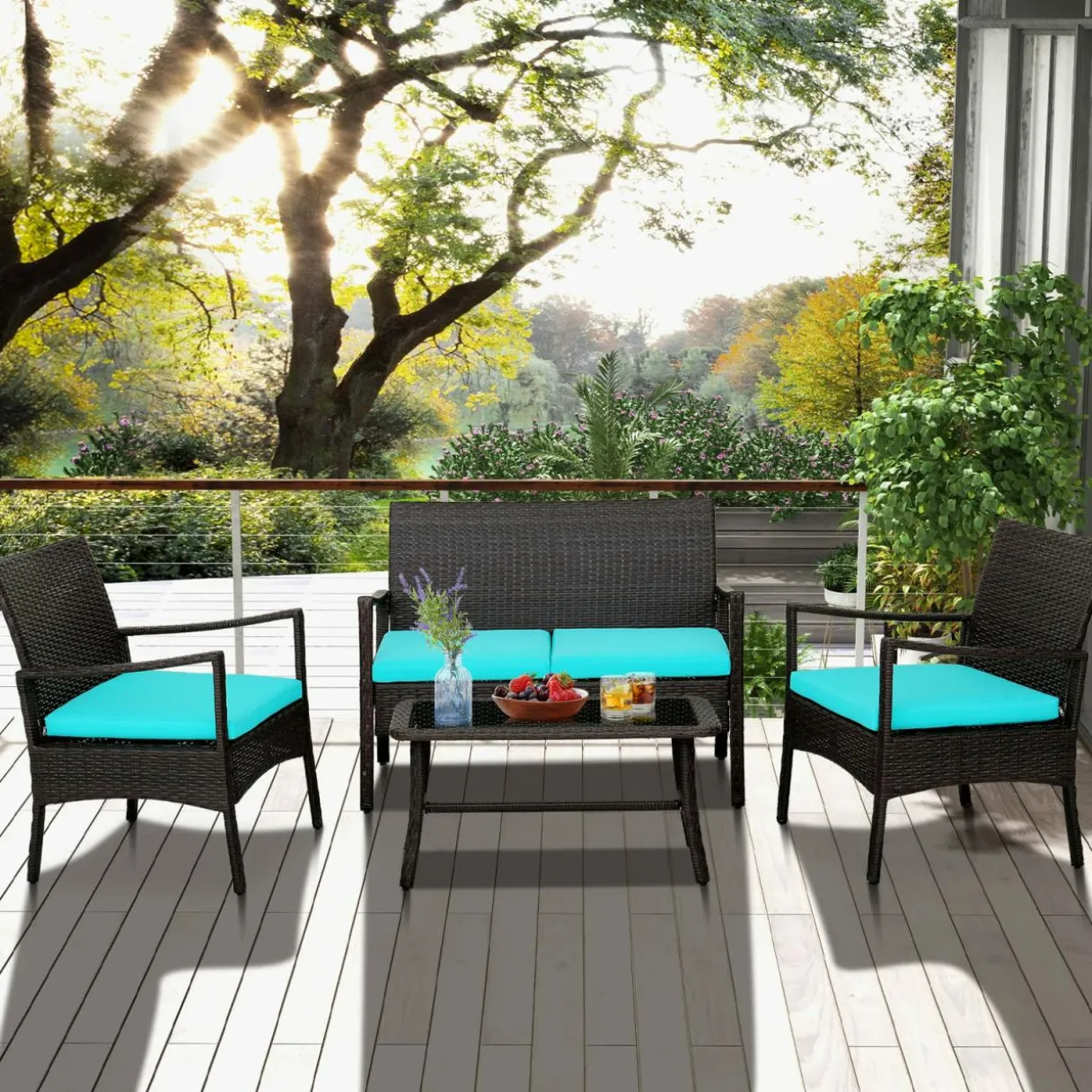 Tangkula 4 Pieces Rattan Conversation Set, Patio Sofa Couch Set with Tempered Glass Coffee Table