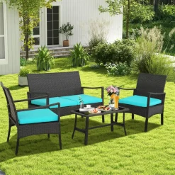 Tangkula 4 Pieces Rattan Conversation Set, Patio Sofa Couch Set with Tempered Glass Coffee Table