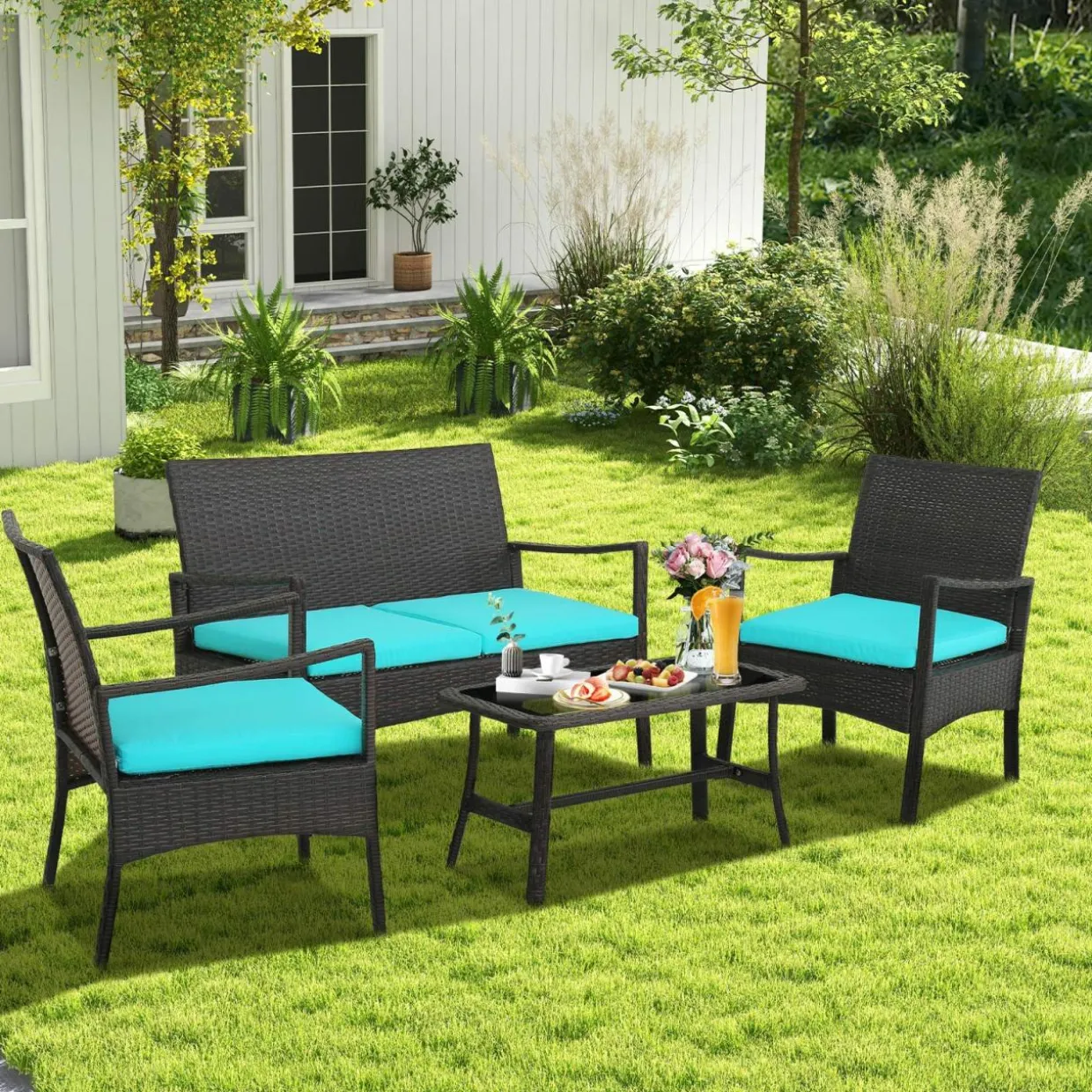 Tangkula 4 Pieces Rattan Conversation Set, Patio Sofa Couch Set with Tempered Glass Coffee Table