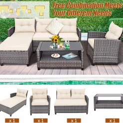 Tangkula 4 Pieces Rattan Conversation Set, Patiojoy Outdoor Furniture Set with Cushions, Lounge Sofa Set with Coffee Table