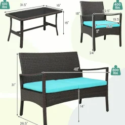 Tangkula 4 Pieces Rattan Conversation Set, Patio Sofa Couch Set with Tempered Glass Coffee Table