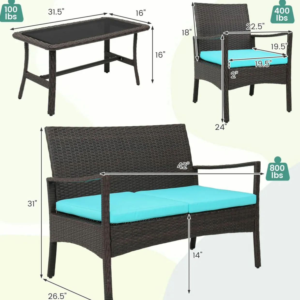 Tangkula 4 Pieces Rattan Conversation Set, Patio Sofa Couch Set with Tempered Glass Coffee Table