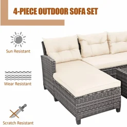Tangkula 4 Pieces Rattan Conversation Set, Patiojoy Outdoor Furniture Set with Cushions, Lounge Sofa Set with Coffee Table