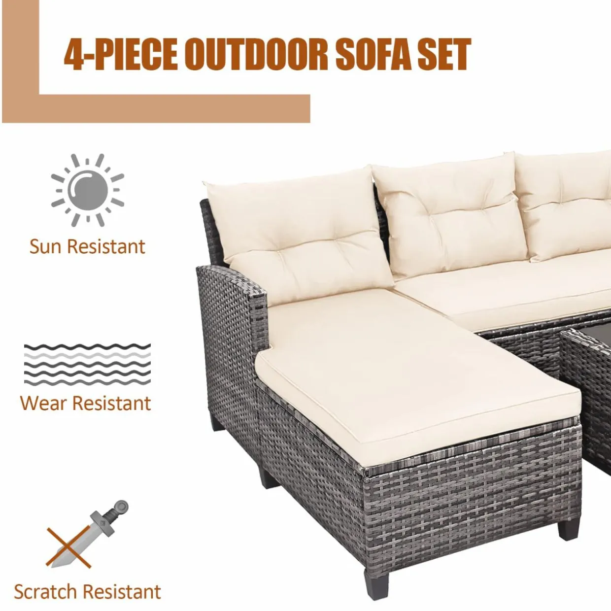 Tangkula 4 Pieces Rattan Conversation Set, Patiojoy Outdoor Furniture Set with Cushions, Lounge Sofa Set with Coffee Table