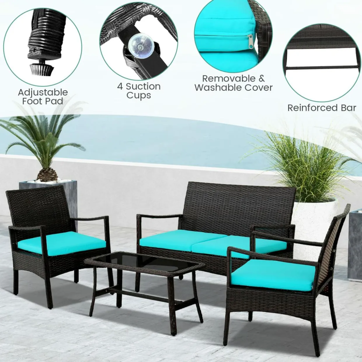 Tangkula 4 Pieces Rattan Conversation Set, Patio Sofa Couch Set with Tempered Glass Coffee Table