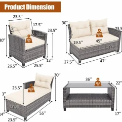 Tangkula 4 Pieces Rattan Conversation Set, Patiojoy Outdoor Furniture Set with Cushions, Lounge Sofa Set with Coffee Table