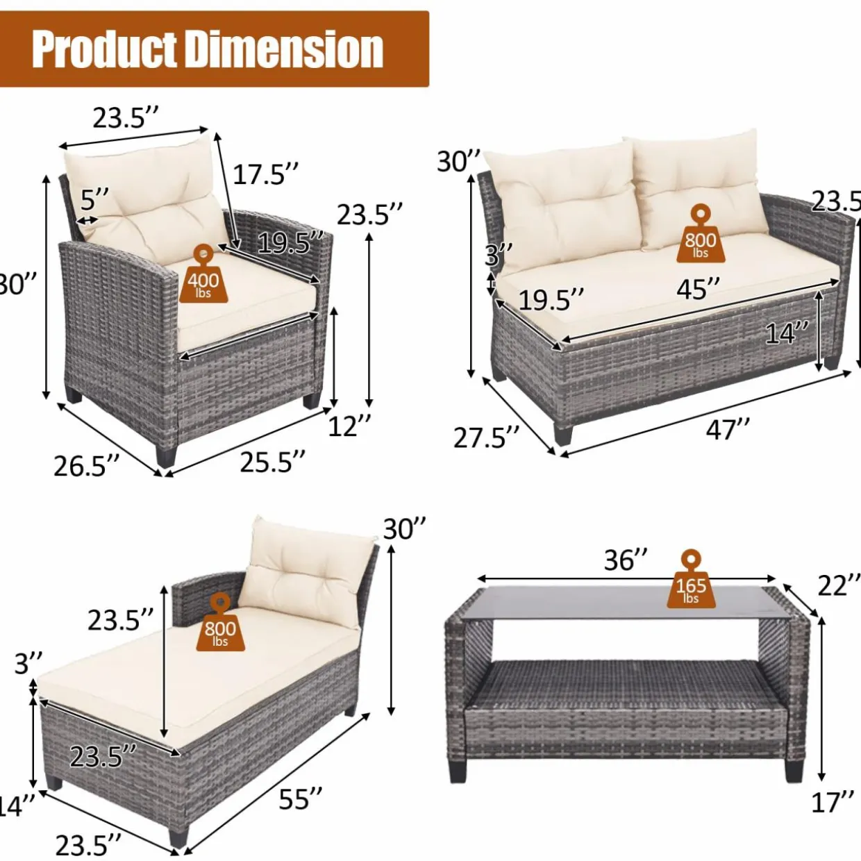 Tangkula 4 Pieces Rattan Conversation Set, Patiojoy Outdoor Furniture Set with Cushions, Lounge Sofa Set with Coffee Table