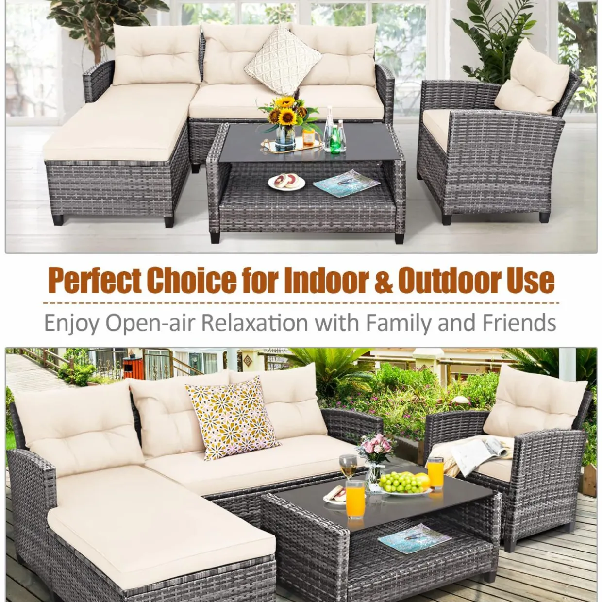 Tangkula 4 Pieces Rattan Conversation Set, Patiojoy Outdoor Furniture Set with Cushions, Lounge Sofa Set with Coffee Table