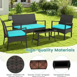 Tangkula 4 Pieces Rattan Conversation Set, Patio Sofa Couch Set with Tempered Glass Coffee Table