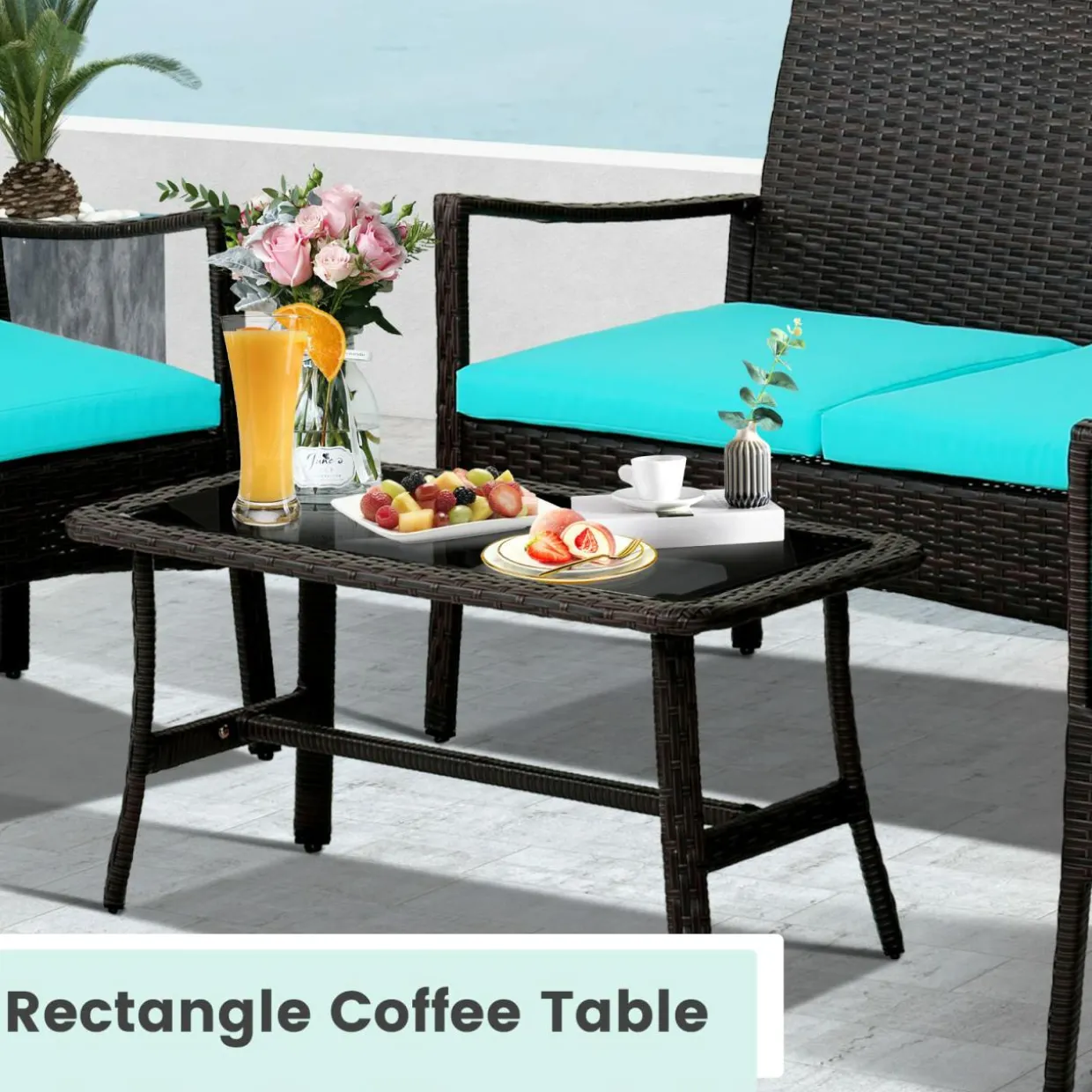 Tangkula 4 Pieces Rattan Conversation Set, Patio Sofa Couch Set with Tempered Glass Coffee Table