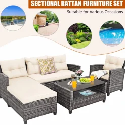 Tangkula 4 Pieces Rattan Conversation Set, Patiojoy Outdoor Furniture Set with Cushions, Lounge Sofa Set with Coffee Table